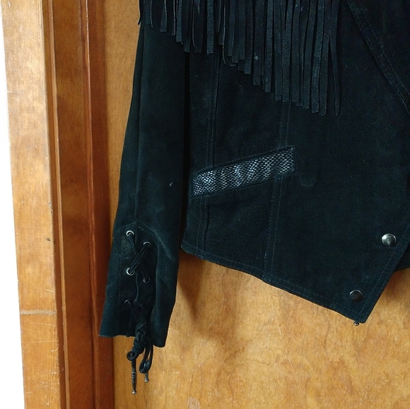 1980's Stoner Rocker Biker Fringe Black Leather Suede Jacket - Picture 3 of 11